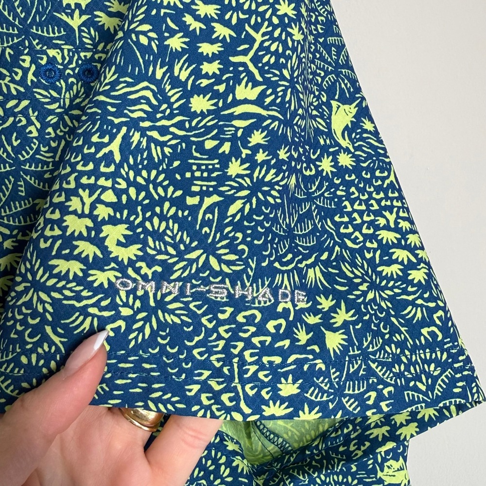 Columbia PFG Size L Omni-Shade Blue Lime  Fish Print Short Sleeve Fishing Shirt - Picture 6 of 9